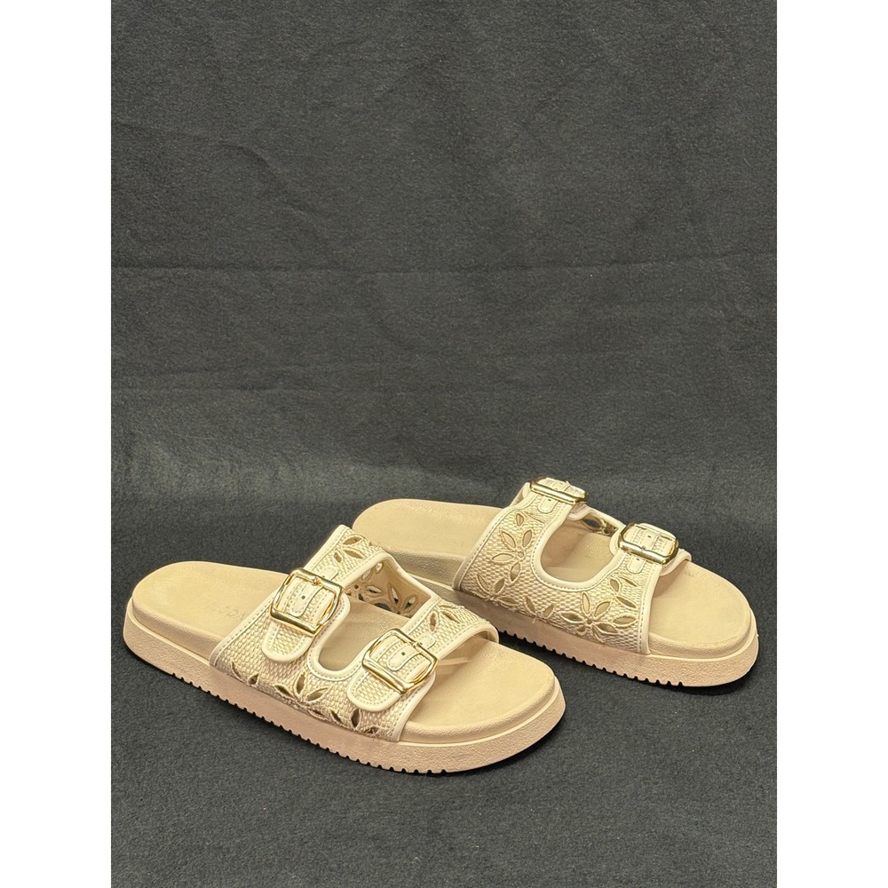 Beige‎ Woven Eyelet Double Buckle Slide Sandals Gold Hardware Platform Size 8